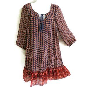 AUW Dress Shift Ruffle Keyhole Tassel Floral Mixe